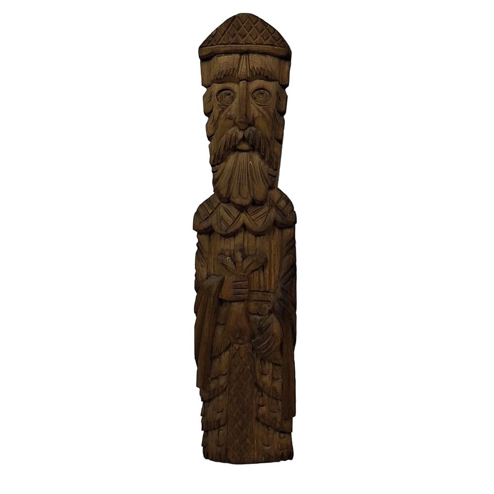 Hand Carved Wooden Figure Man with Beard Hat 11" Wall Hanging Sculpture Brown